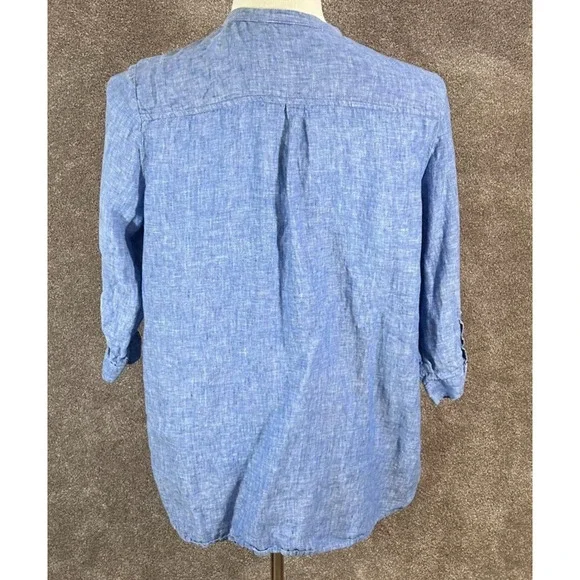 Chicos Top Womens 2 Large 12 Blue Chambray‎ 100% Linen 3/4 Sleeve Pockets Blouse - Picture 3 of 10